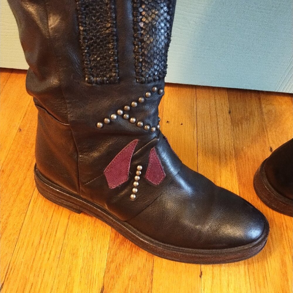 A.S.98 Carlyle Tall boots 38 7.5 Burgundy Black Leather Biker - Picture 1 of 13